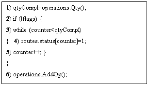 : 1) qtyCompl=operations.Qty();&#13;&#10;2) if (!flags) {&#13;&#10;3) while (counter&lt;qtyCompl)&#13;&#10;{   4) routes.status[counter]=1;&#13;&#10;5) counter++; }&#13;&#10;}&#13;&#10;6) operations.AddOp();&#13;&#10;